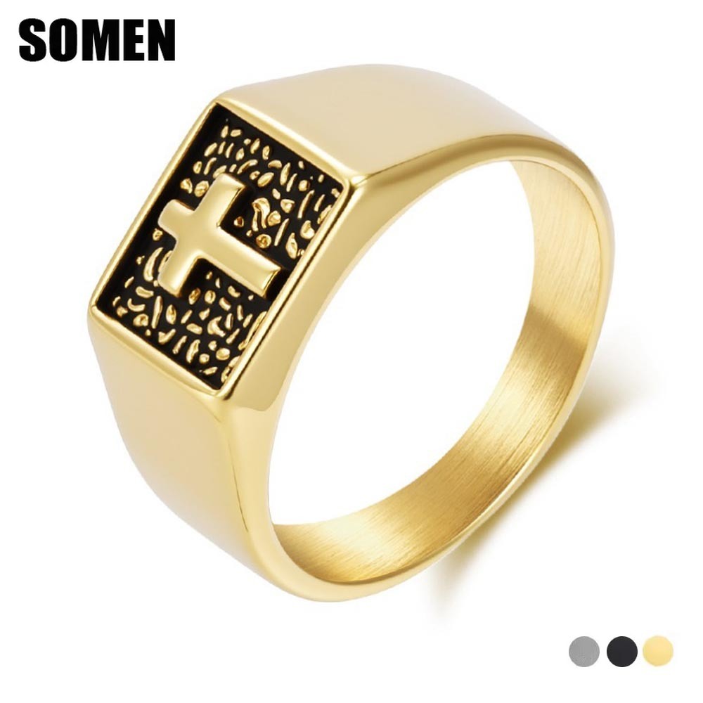 Signet Ring Men - Cincin Signet Salib Vintage Stainless Steel