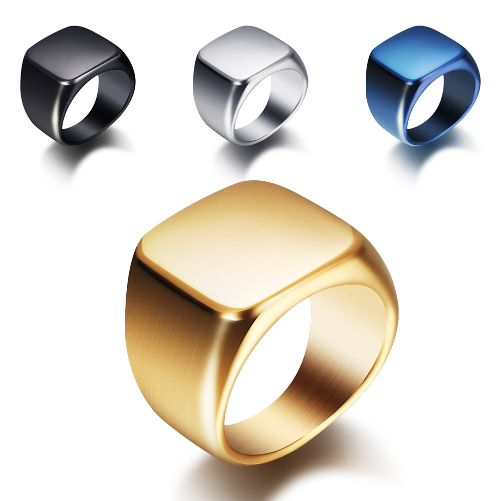 Signet Ring Men - Gratis Ukiran baru perak/emas/hitam/biru persegi besar