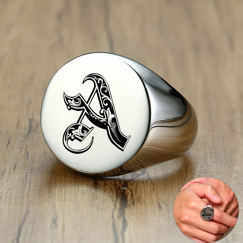 Signet Ring Men - Vnox Cincin Stempel Awal Huruf Pola